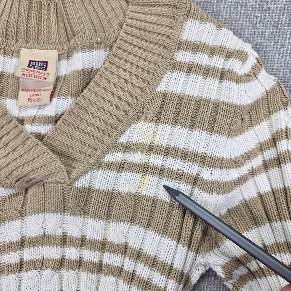 Preppy Y2K Womens S 4/6 Cream Coffee Stripe Cable Knit Sweater - Picture 6 of 7
